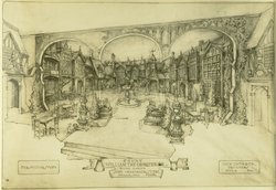 [Photo Album of Interior Design Drawings for the Wanamaker Store]  Perspective Study: Court of William The Conqueror, Dining Garden  (George W. Smith & Co., c. 1929)   Wanamaker Collection, Athenaeum of Philadelphia.  Local ID #: 170-AL-001-003  