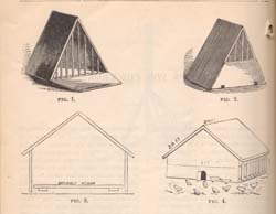 [diagrams of chicken coops]  figures 1-4  Stoddard, H. H. <i>Poultry Architecture: How to Build Handsome and Convienient Fowl Houses Durably and Economically</i>.  Hartford: H. H. Stoddard, 1882., 
				p. 46-49 