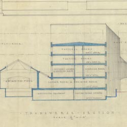 [U.S. Military Academy, West Point, N.Y., Addition to Gymnasium]  Transverse Section  (MLA, 12/9/1935)   Cret Collection, Athenaeum of Philadelphia.  Local ID #: CRE308B-SK8  