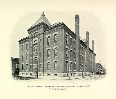 [M. Hall Stanton Combined Grammar, Secondary and Primary School]  M. Hall Stanton Combined Grammar, Secondary and Primary School,/Cumberland and Sixteenth Streets./Twenty-eighth Section.  Local ID #: 461  Custis, John Trevor.  <i>The Public Schools of Philadelphia, Historical, Biographical, Statistical</i>.  Philadelphia: Burk & McFetridge Co., 1897., 
				p. 453-454, 461 
				 
			