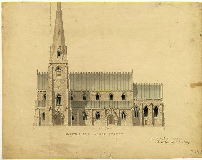 [St. Mark's Church]  Rendered Flank Elevation  (John Notman, Architect, 9/18/1847)   AIA Collection, Athenaeum of Philadelphia.  Local ID #: NOT*033*001  